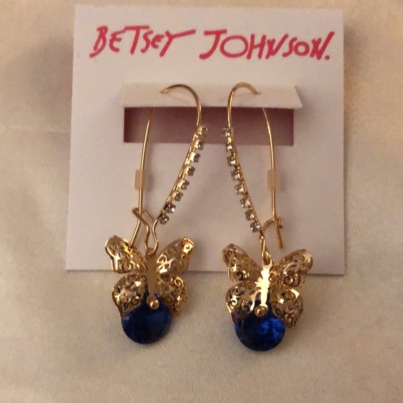 Betsey Johnson Gold Tone Filigree Butterfly With Blue Crystal Drop Earrings NWT - Picture 7 of 9
